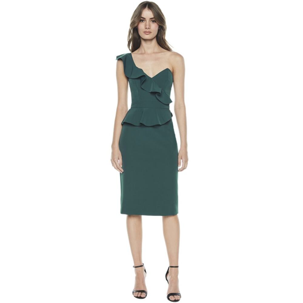 Bardot Camelia Sheath Dress 8/M Evergreen One Shoulder Ruffle Cocktail Wedding